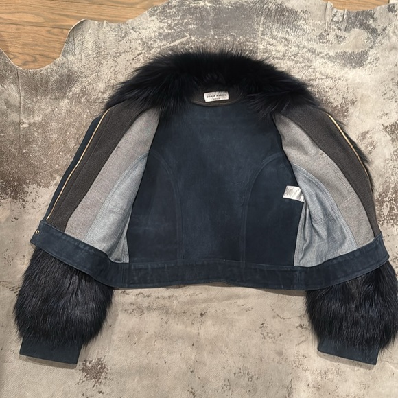 SONIA RYKIEL PARIS FOX FUR & Denim Leather Suede Patchwork Cropped Jacket - Picture 6 of 12